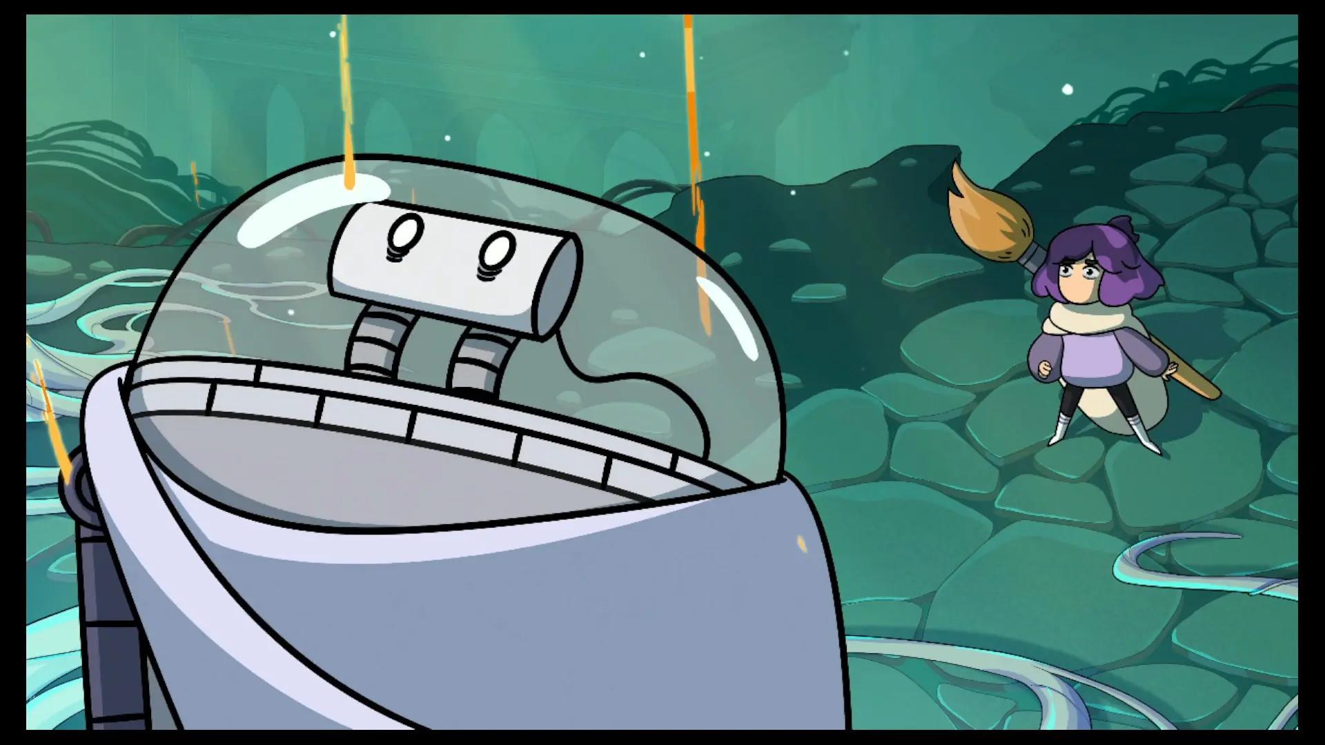 A shot of a robot looking at something off screen with Constance in the background